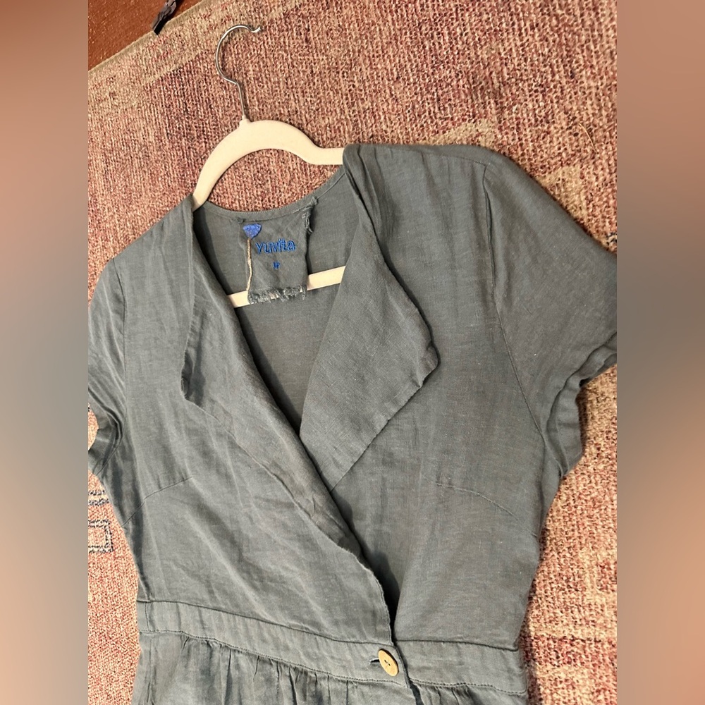 Yuvita linen collared maxi wrap dress size medium in grey green - Picture 5 of 16